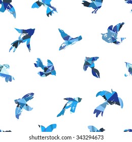 Vector ink seamless pattern with birds. Hand drawn birds background. Watercolor silhouette of seagull, pigeon, swallow.  Allover print with ink birds.