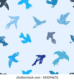 Vector ink seamless pattern with birds. Hand drawn birds background. Watercolor silhouette of seagull, pigeon, swallow.  Allover print with ink birds.