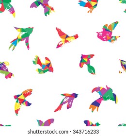 Vector ink seamless pattern with birds. Hand drawn birds background. Watercolor silhouette of seagull, pigeon, swallow, colibri.  Allover print with ink birds.