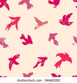 Vector ink seamless pattern with birds. Hand drawn birds background. Watercolor silhouette of seagull, pigeon, swallow, colibri.  Allover print with ink birds.