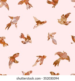Vector ink seamless pattern with birds. Hand drawn birds background. Watercolor silhouette of seagull, pigeon, swallow. Allover print with ink birds.