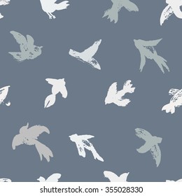 Vector ink seamless pattern with birds. Hand drawn birds background. Watercolor silhouette of seagull, pigeon, swallow. Allover print with ink birds.
