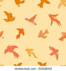 Vector ink seamless pattern with birds. Hand drawn birds background. Watercolor silhouette of seagull, pigeon, swallow. Allover print with ink birds.