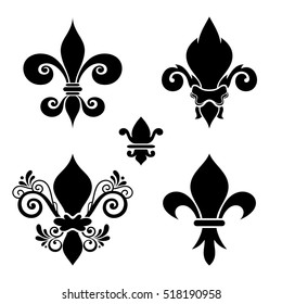 Vector Ink Set of Fleur-De-Lis. Beautiful Elements. Silhouette Heraldic Lily.
Objects Isolated On White Background