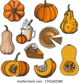 Vector ink set with pumpkins and pumpkin desserts