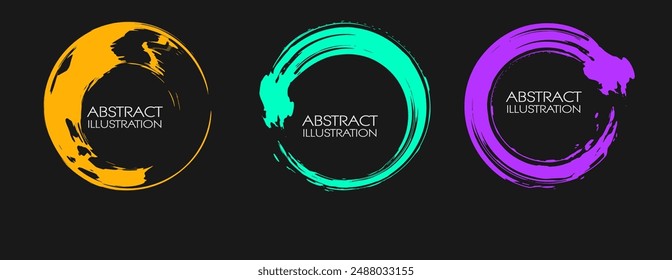 Vector ink shapes set. Circle elements collection on black background. Round brush stroke. Icon, Logo Banner design