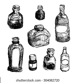 Vector ink sketch of eight different vintage bottles