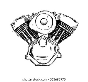 Vector ink sketch of  motorcycle engine. Retro hand sketched illustration