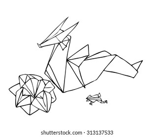 Vector ink sketch of the origami paper figures: dragon, rose, and frog