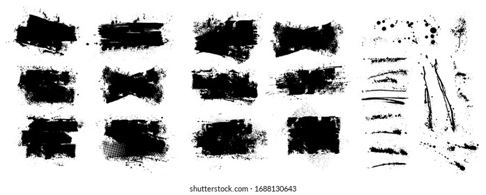 Vector ink splashes stencil. Very detailed collection mockups brush strokes for text and design. Black inked splatter dirt stain splattered spray splash with drops blots. Vector isolated set boxes