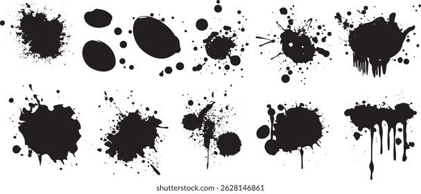 Vector Ink Splatter and Drip Elements Set, Grunge Black Paint Blots, Drops, and Smudges for Urban Design and Texture Overlays