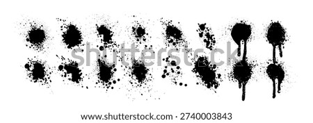 Vector ink splatter and splash collection. Black paint stains, drops, and messy ink blobs for grunge and graffiti design projects. Black and white design elements isolated.