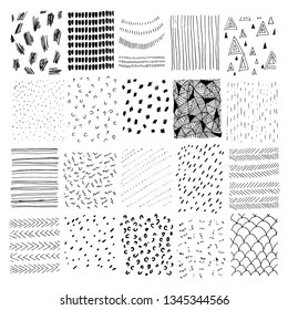 Vector ink stains and brush strokes set, line pen doodles.Collection of handdrawn abstract elements and grunge textures isolated on white perfect for design cards and art backgrounds