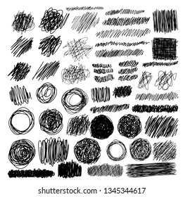 Vector ink stains and brush strokes set, line pen doodles.Collection of handdrawn abstract elements and grunge textures isolated on white perfect for design cards and art backgrounds