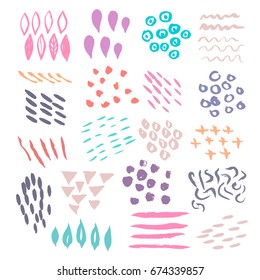 Vector ink stains and brush strokes set.Collection of hand drawn abstract elements and grunge textures isolated on white perfect for design cards and art backgrounds