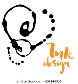 Vector ink stains design card. Isolated black splashes on white background. Modern brush lettering title phrase.