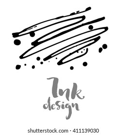 Vector ink stains design card. Isolated black splashes on white background. Modern gray brush lettering title phrase.