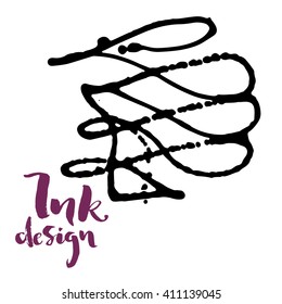 Vector ink stains design card. Isolated black splashes on white background. Modern purple brush lettering title phrase.