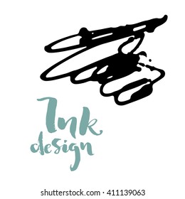 Vector ink stains design card. Isolated black splashes on white background. Modern green brush lettering title phrase.