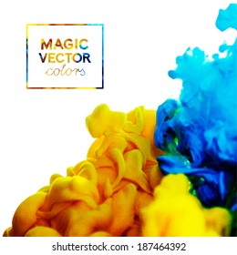 vector Ink swirling in water, cloud of ink in water isolated on white. Colorful ink in water abstract banner.