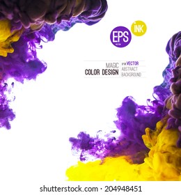 Vector Ink swirling in water, cloud of ink in water isolated on white. Abstract banner paints. Holi. Liquid cloud. Purple background for banner, card, poster,  label or web design. Abstract corner.