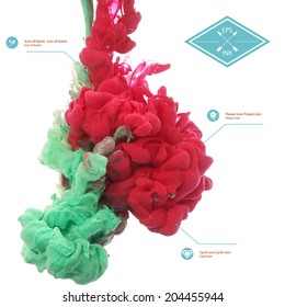 Vector ink swirling in water. Isolated cloud of red and green ink on white. Template design for banner. Paint in water on white background. Splashes of paint. Texture of ink, paint in water