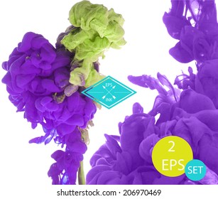 Vector ink swirling in water. Isolated cloud of violet and yellow ink on white. Template design for banner. Paint in water on white background. Splashes of paint. Texture of ink, paint in water