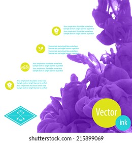 Vector ink swirling in water. Isolated cloud of violet ink on white. Template design for banner. Paint in water on white background. Splashes of paint. Texture of ink, paint in water