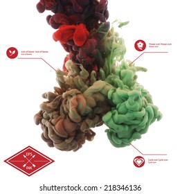 Vector ink swirling in water. Isolated cloud of green, yellow, red ink on white. Template design for infographics Splashes of paint on white background. Texture of ink, paint 