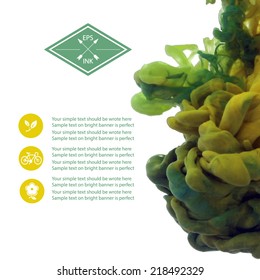 Vector ink swirling in water. Isolated cloud of bright green and yellow ink on white. Template design for banner. Paint in water on white background. Splashes of paint. Texture of ink, paint
