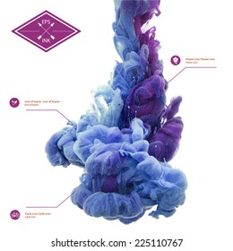 Vector Ink Swirling In Water. Isolated Cloud Of Blue And Violet Ink On White. 