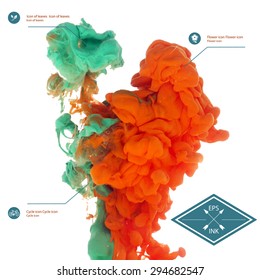 Vector ink swirling in water. Isolated cloud of orange and green ink on white. Template design for banner. Paint in water on white background. Splashes of paint. Texture of ink, paint in water