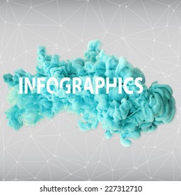 Vector ink swirling in water with text on it and polygonal background. Isolated cloud of bright blue ink on white -template design for text or infographics