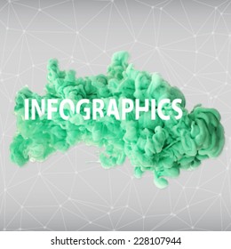 Vector ink swirling in water with text on it and polygonal background. Isolated cloud of bright blue ink on white -template design for text or infographics