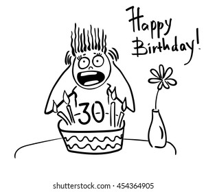 Vector ink thirty anniversary postcard. Girl sitting in front of cake with candles.