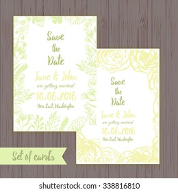 Vector ink watercolor save the date cards in rustic style with leaves and flowers