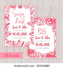 Vector ink watercolor save the date cards in rustic style with leaves and flowers.