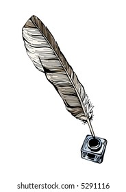 Vector inkwell and feather on a background of the empty form for the letter
