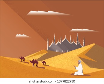 Vector inllustration of Muslim Man Making Traditional Prayer To God in Ramadan celebration.Vector scene of traveler Muslim life in the desert.Cartoon illustration of mosque,dust,sand,desert and prayer