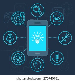 Vector innovation app on the screen of mobile phone - light bulb icon illustration in linear style