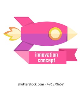 Vector innovation concept with rocket. Design elements for marketing, advertising, promotion, branding and media. Flat cartoon illustration. Objects isolated on a white background.