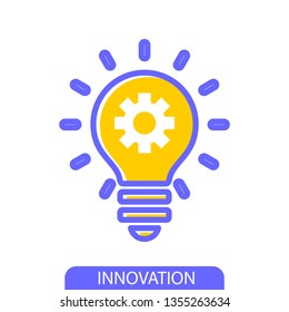 Vector innovation linear pictogram, outline symbol, 
simple thin line icon symbol. Light bulb and cog inside. 