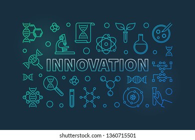 Vector Innovation and Science colored outline horizontal illustration on dark background
