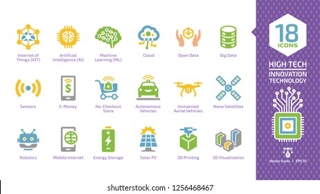 Vector innovation technology color glyph icon set with internet of things, artificial intelligence, machine learning, cloud computing, open data, sensors and more high tech smart digital symbols.