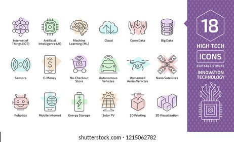 Vector innovation technology editable stroke line icon set with color shape backgrounds. High tech digital wireless smart future business concept outline thin sign with internet of things.