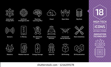 Vector innovation technology editable stroke line icon set on a black backgrounds. High tech digital wireless smart future business concept silhouette outline thin pictogram with internet of things.