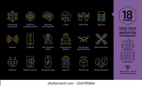 Vector innovation technology editable stroke color line icon set on a black background with high tech digital systems, internet of things, artificial intelligence, machine learning outline sign.