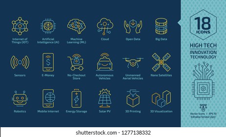 Vector innovation technology editable stroke yellow line icon set on a dark blue with high tech digital system, internet of things, artificial intelligence, machine learning and more outline symbols