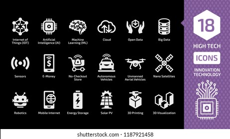 Vector innovation technology icon set on a black background with high tech digital wireless smart future business concept silhouette sign. Cloud, sensors, e-money, no-checkout store and more symbols.