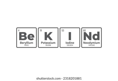 Vector inscription BE KIND composed of individual elements of the periodic table. Isolated on white background